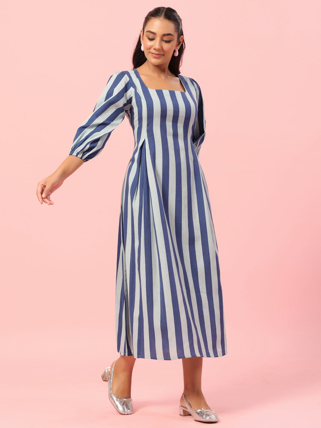 Women's Blue Striped Corset Back Midi Dress