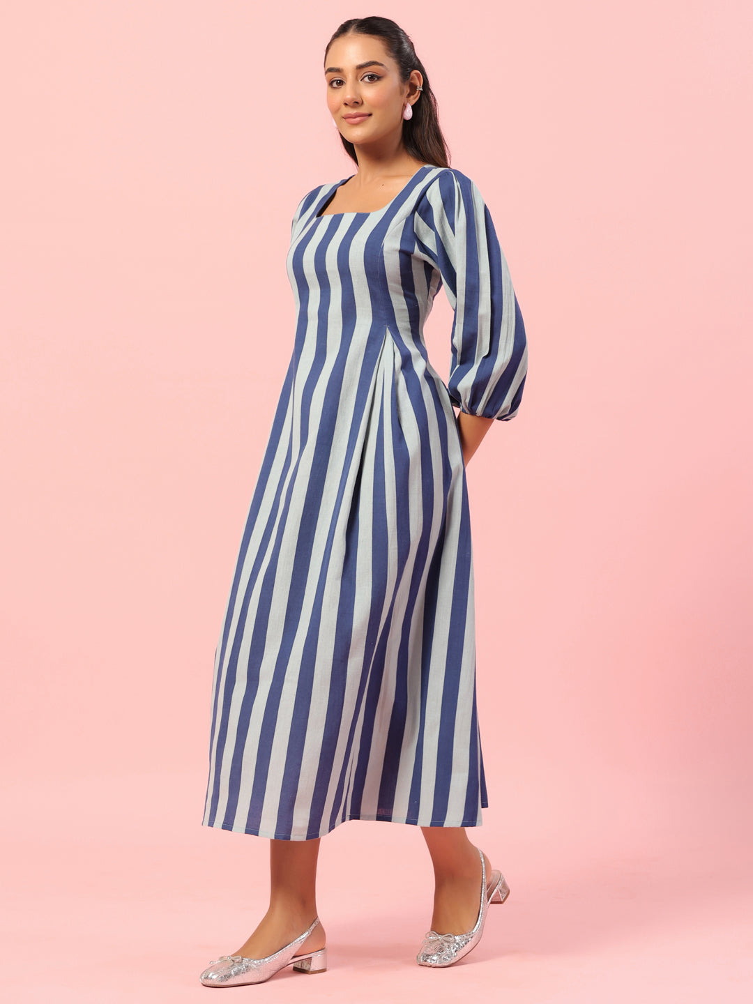 Women's Blue Striped Corset Back Midi Dress