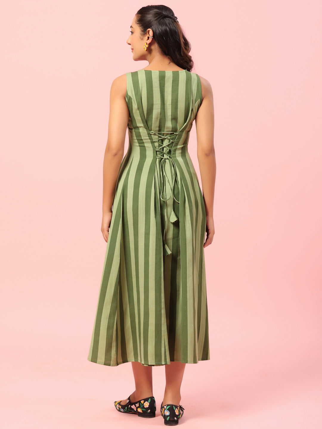 Women's Green Striped Corset Back Midi Dress