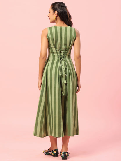 Women's Green Striped Corset Back Midi Dress