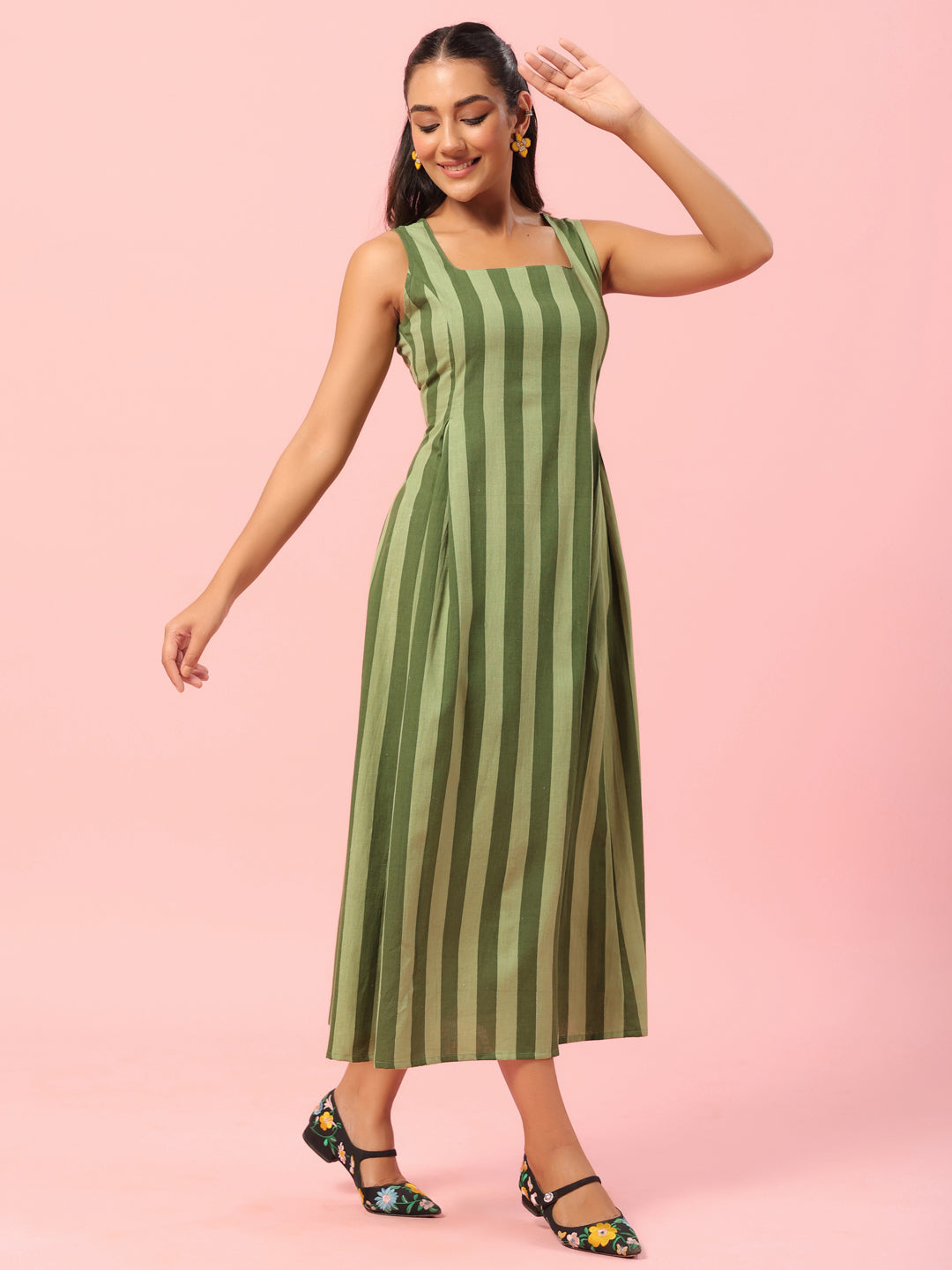 Women's Green Striped Corset Back Midi Dress