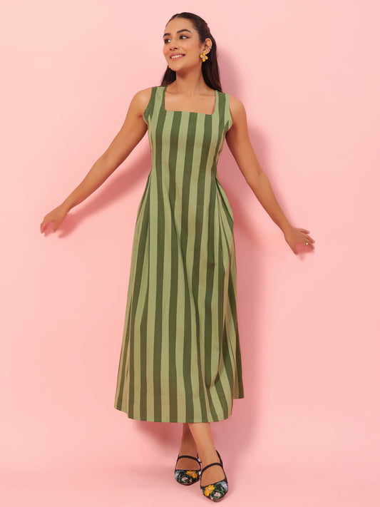 Women's Green Striped Corset Back Midi Dress