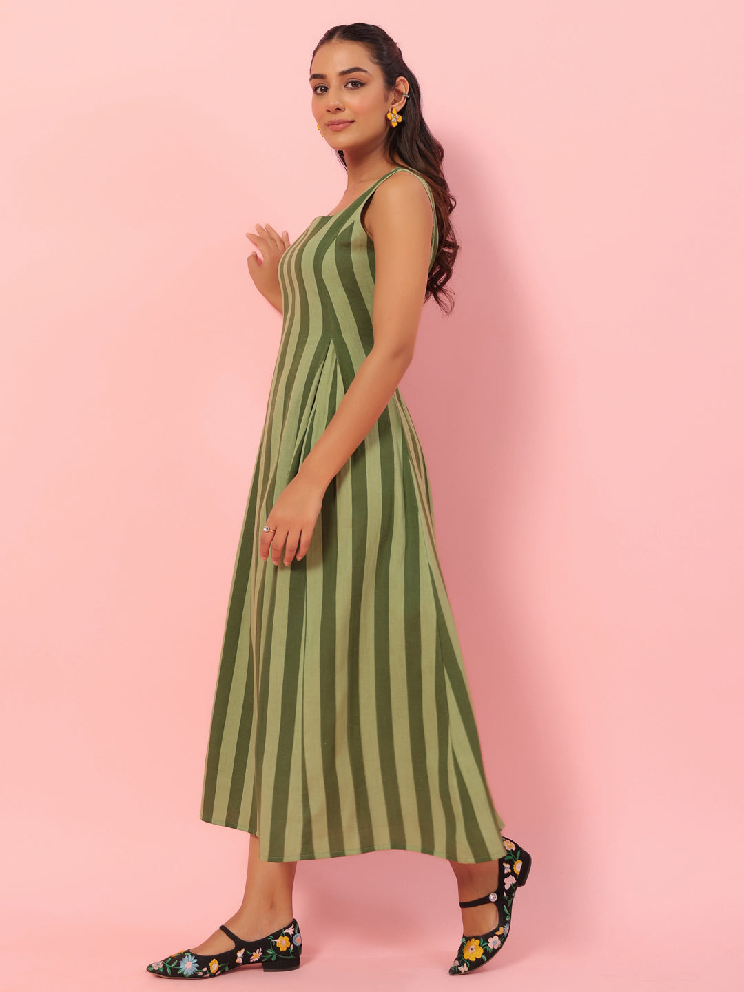 Women's Green Striped Corset Back Midi Dress
