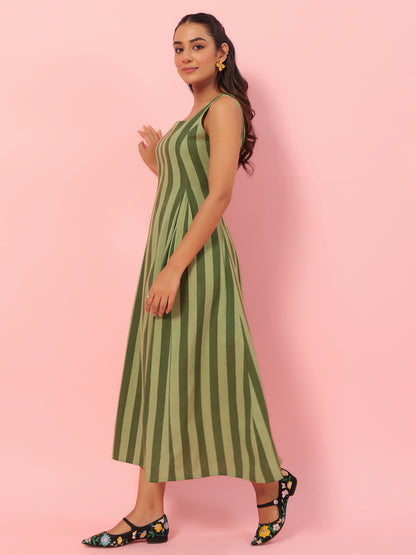 Women's Green Striped Corset Back Midi Dress