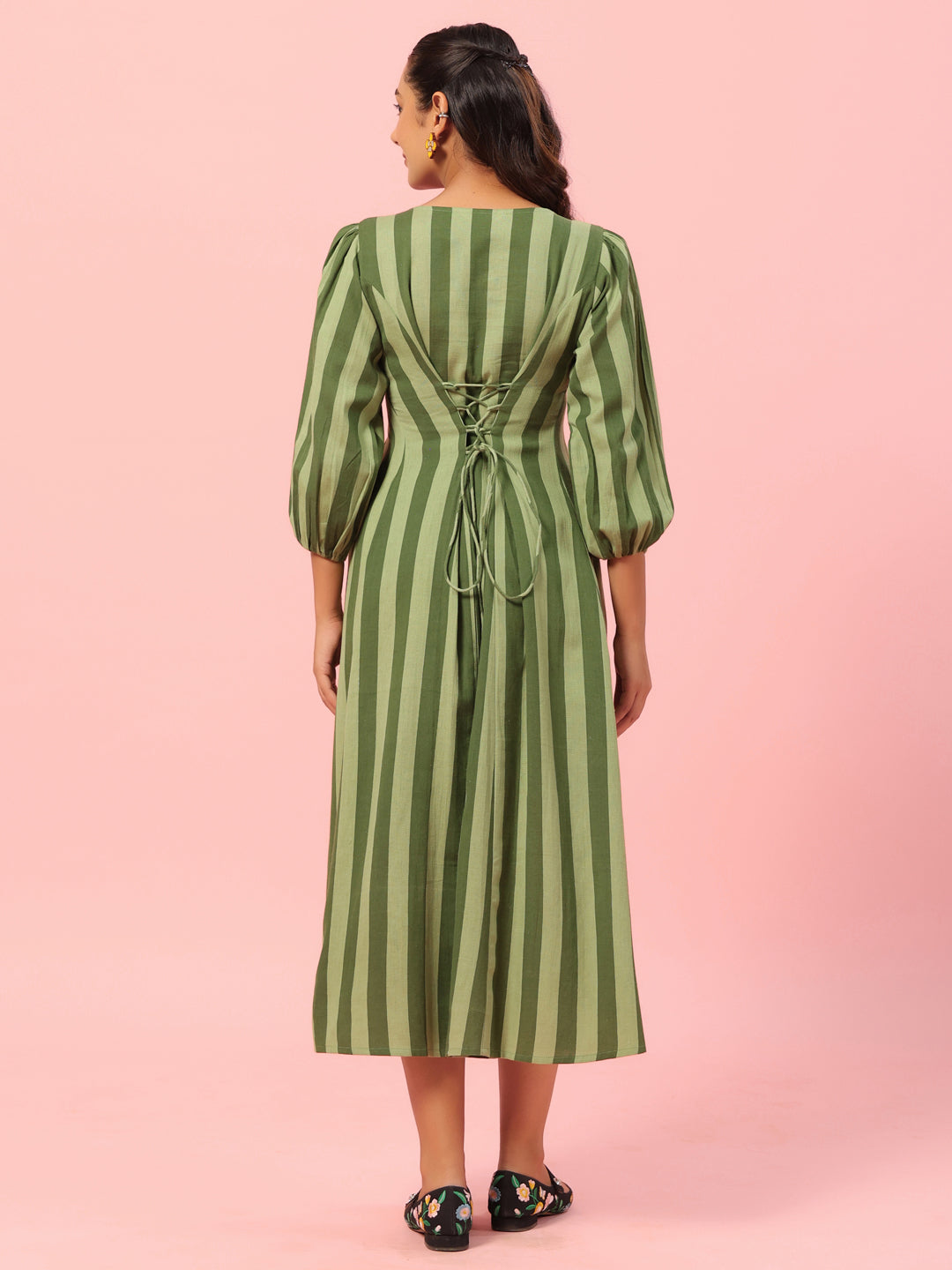 Women's Green Striped Corset Back Midi Dress