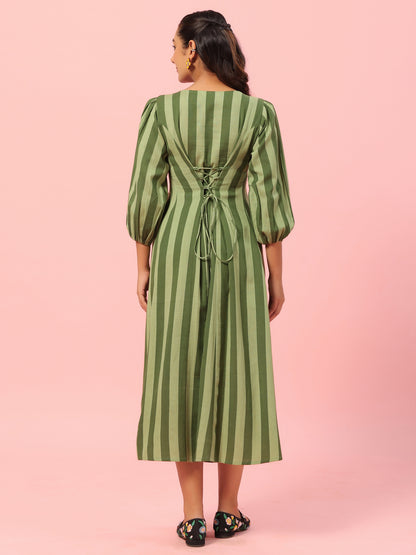 Women's Green Striped Corset Back Midi Dress