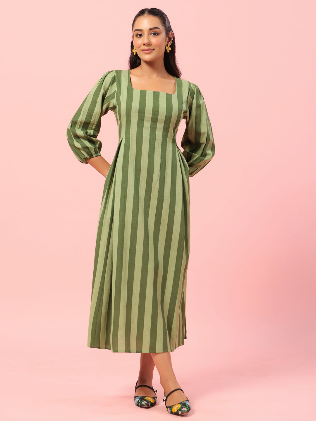 Women's Green Striped Corset Back Midi Dress