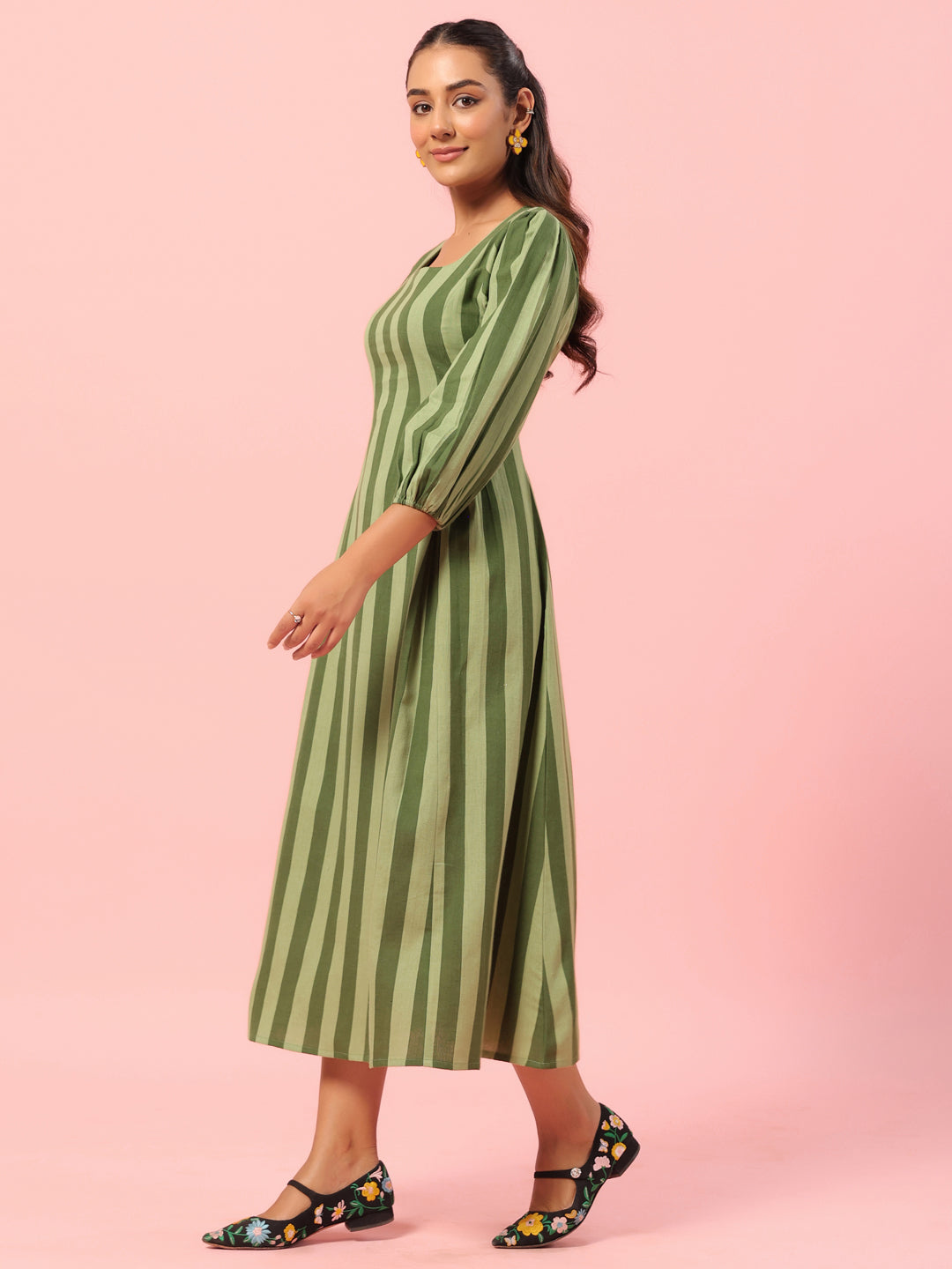 Women's Green Striped Corset Back Midi Dress