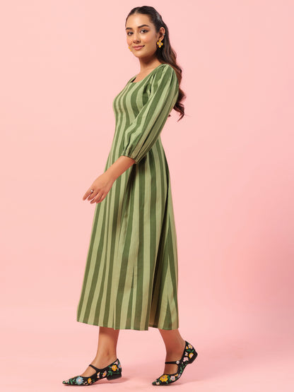Women's Green Striped Corset Back Midi Dress