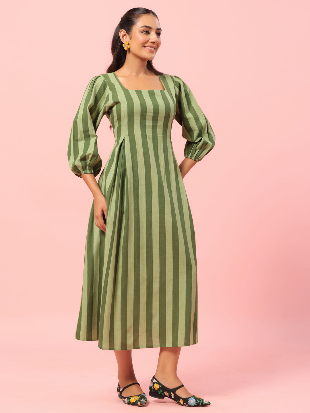 Women's Green Striped Corset Back Midi Dress