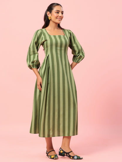 Women's Green Striped Corset Back Midi Dress