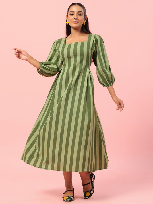 Women's Green Striped Corset Back Midi Dress