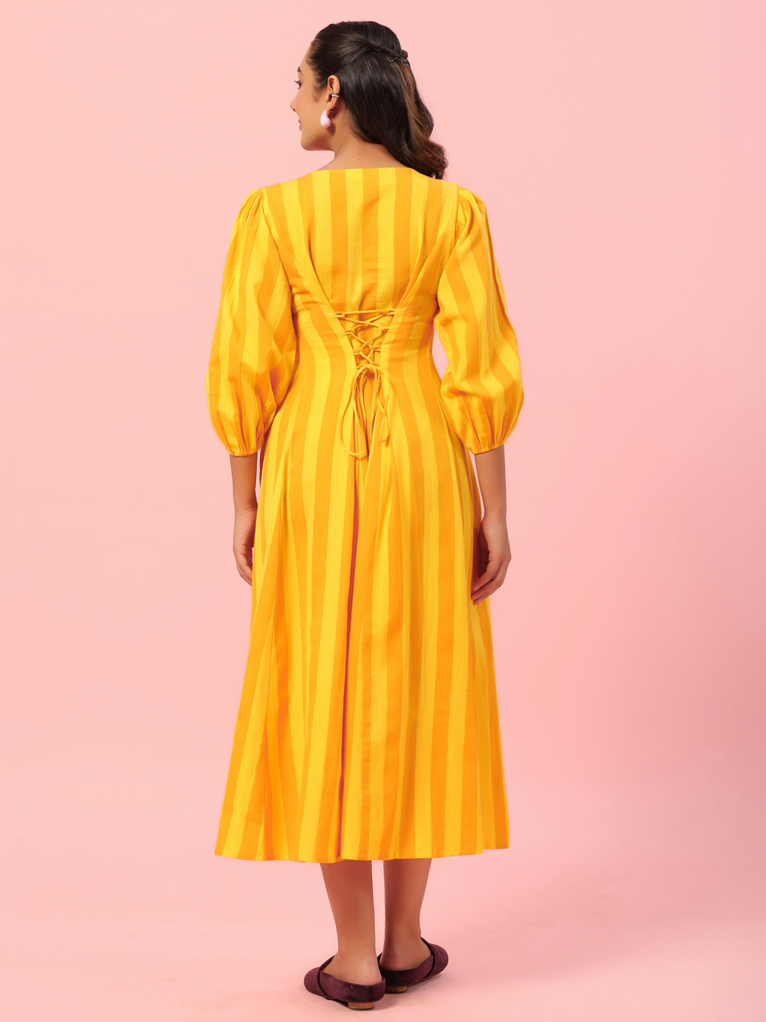 Women's Yellow Striped Corset Back Midi Dress
