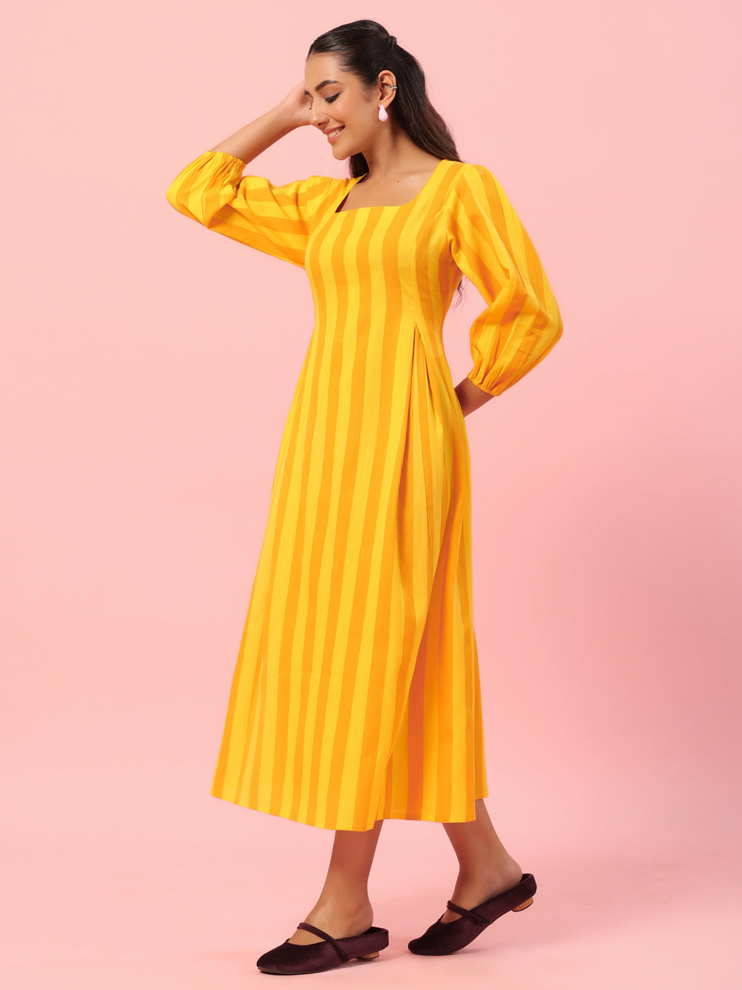 Women's Yellow Striped Corset Back Midi Dress