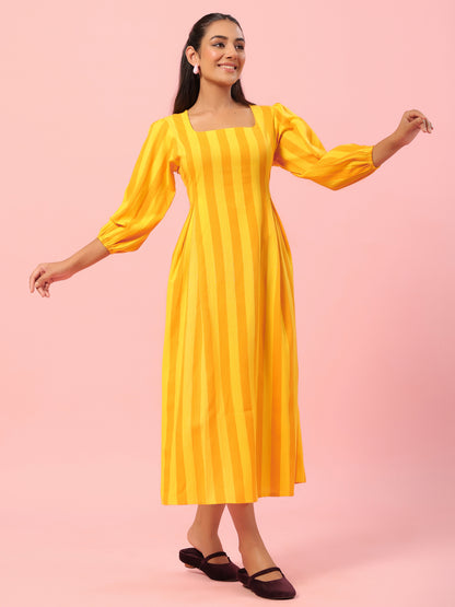 Women's Yellow Striped Corset Back Midi Dress