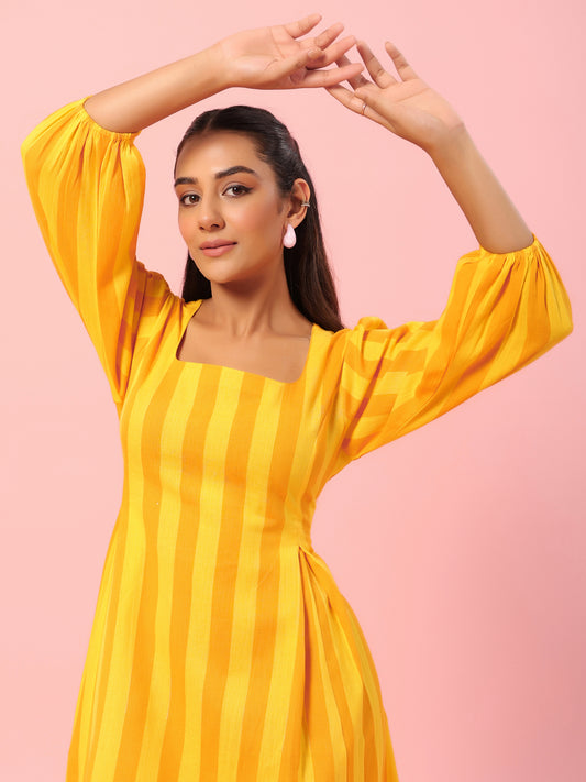 Women's Yellow Striped Corset Back Midi Dress