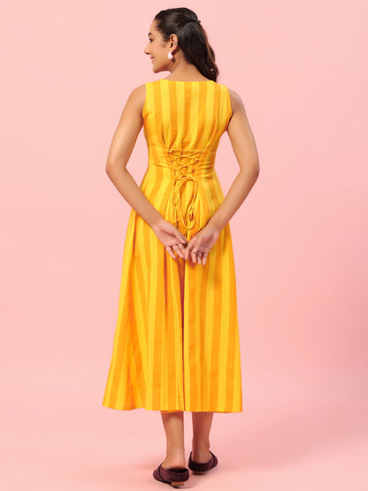Women's Yellow Striped Corset Back Midi Dress