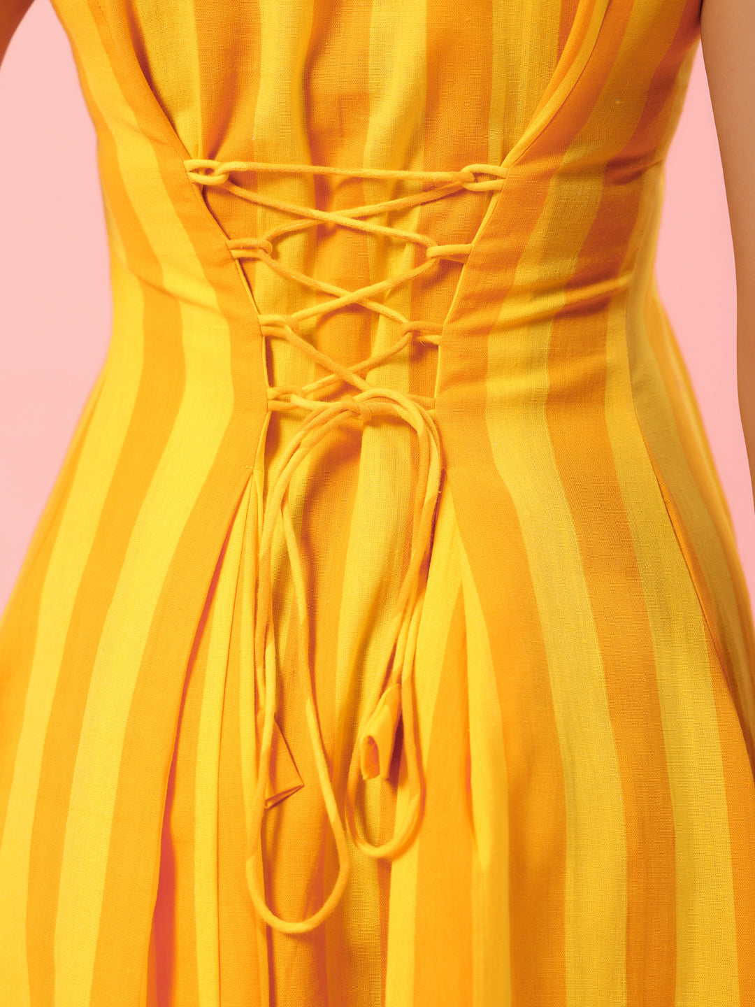 Women's Yellow Striped Corset Back Midi Dress