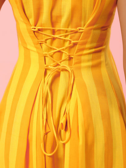 Women's Yellow Striped Corset Back Midi Dress