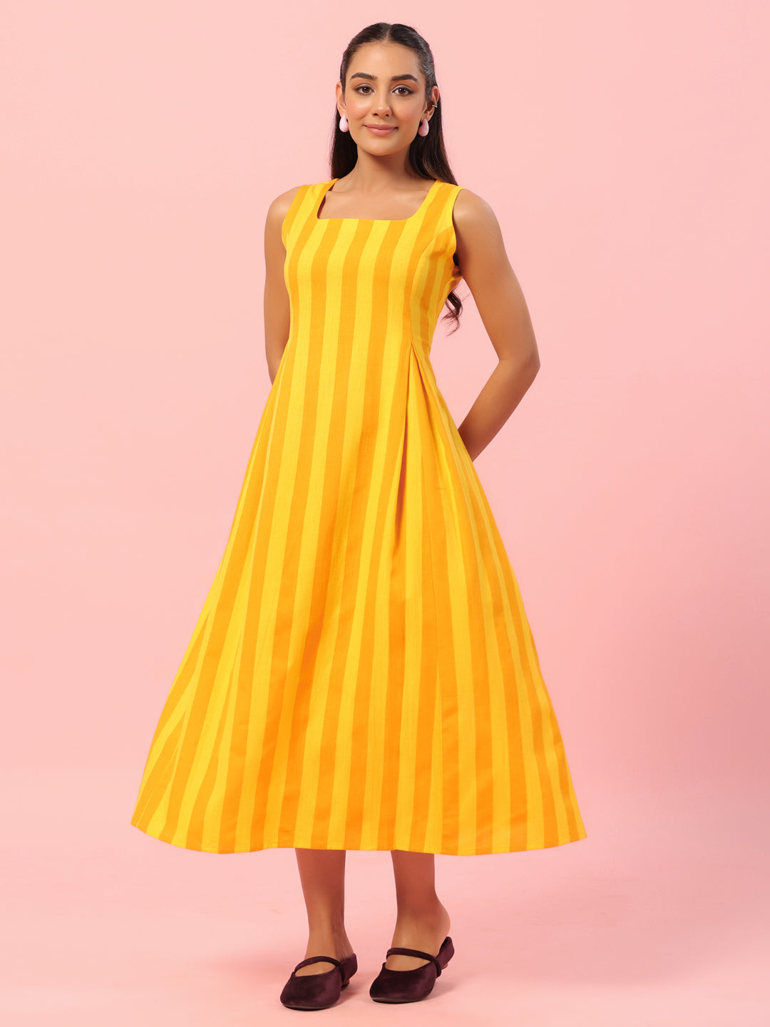 Women's Yellow Striped Corset Back Midi Dress