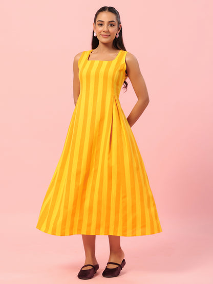 Women's Yellow Striped Corset Back Midi Dress