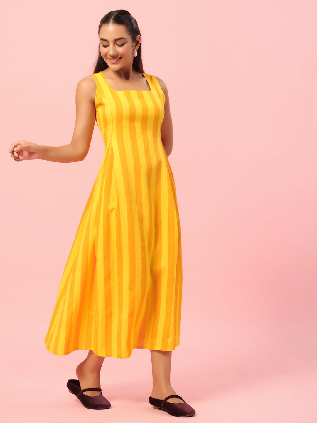 Women's Yellow Striped Corset Back Midi Dress
