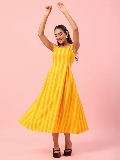 Women's Yellow Striped Corset Back Midi Dress