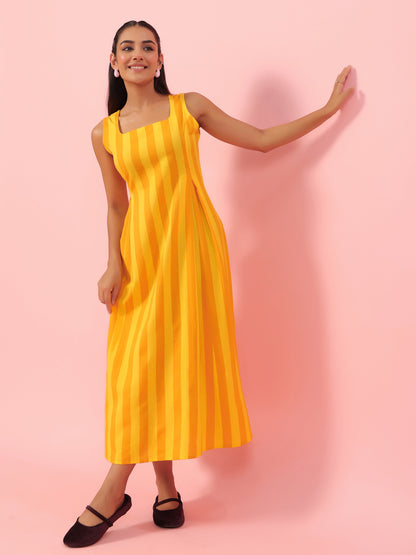 Women's Yellow Striped Corset Back Midi Dress