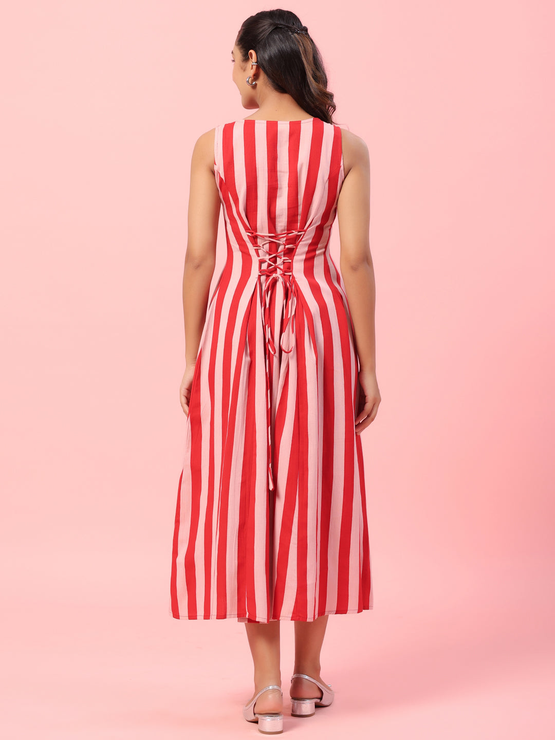 Women's Striped Corset Back Midi Dress
