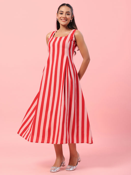 Women's Striped Corset Back Midi Dress