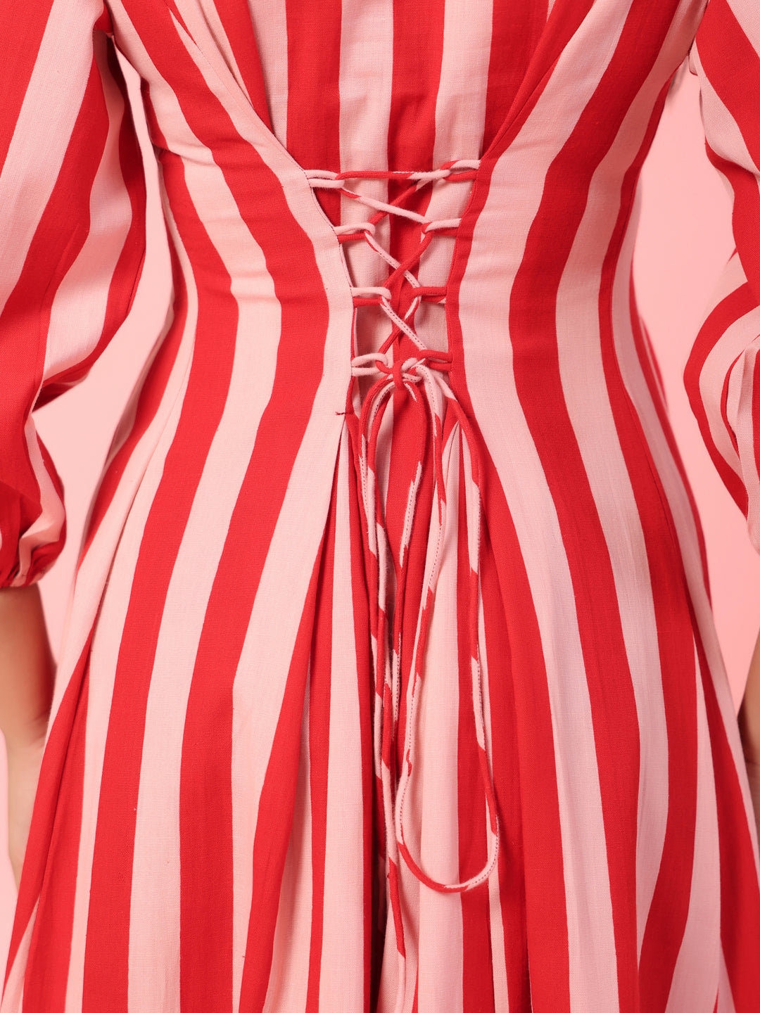 Women's Pink Striped Corset Back Midi Dress