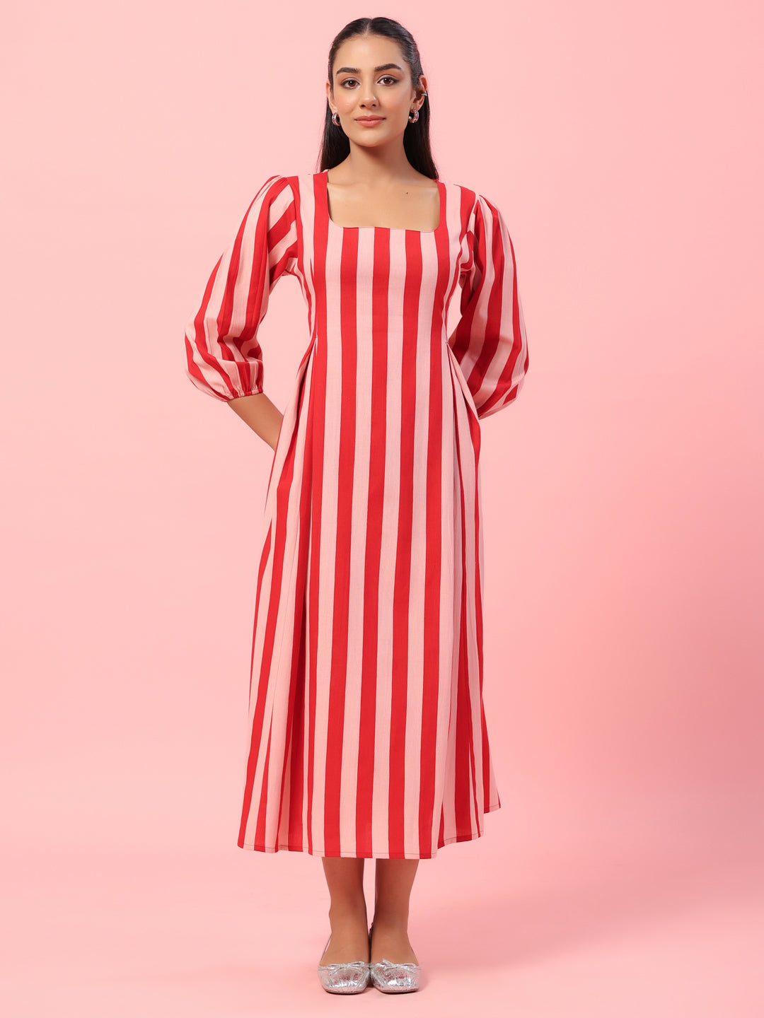 Women's Pink Striped Corset Back Midi Dress