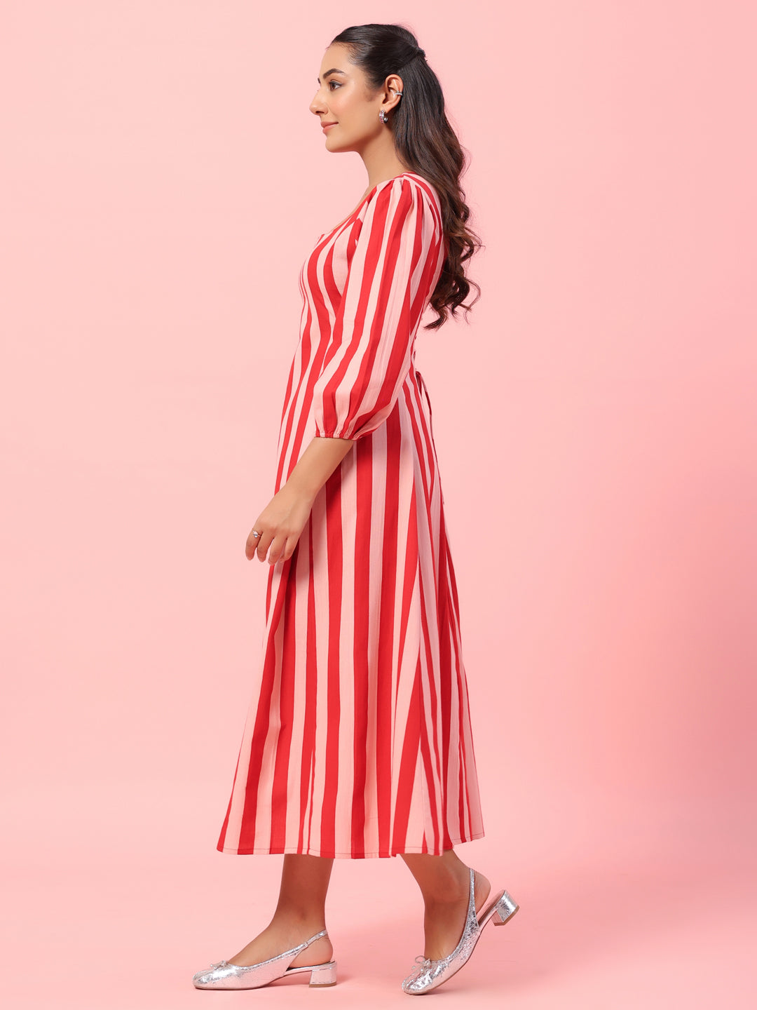 Women's Pink Striped Corset Back Midi Dress