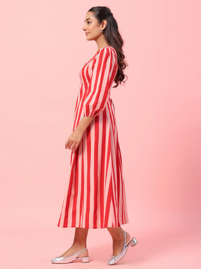 Women's Pink Striped Corset Back Midi Dress