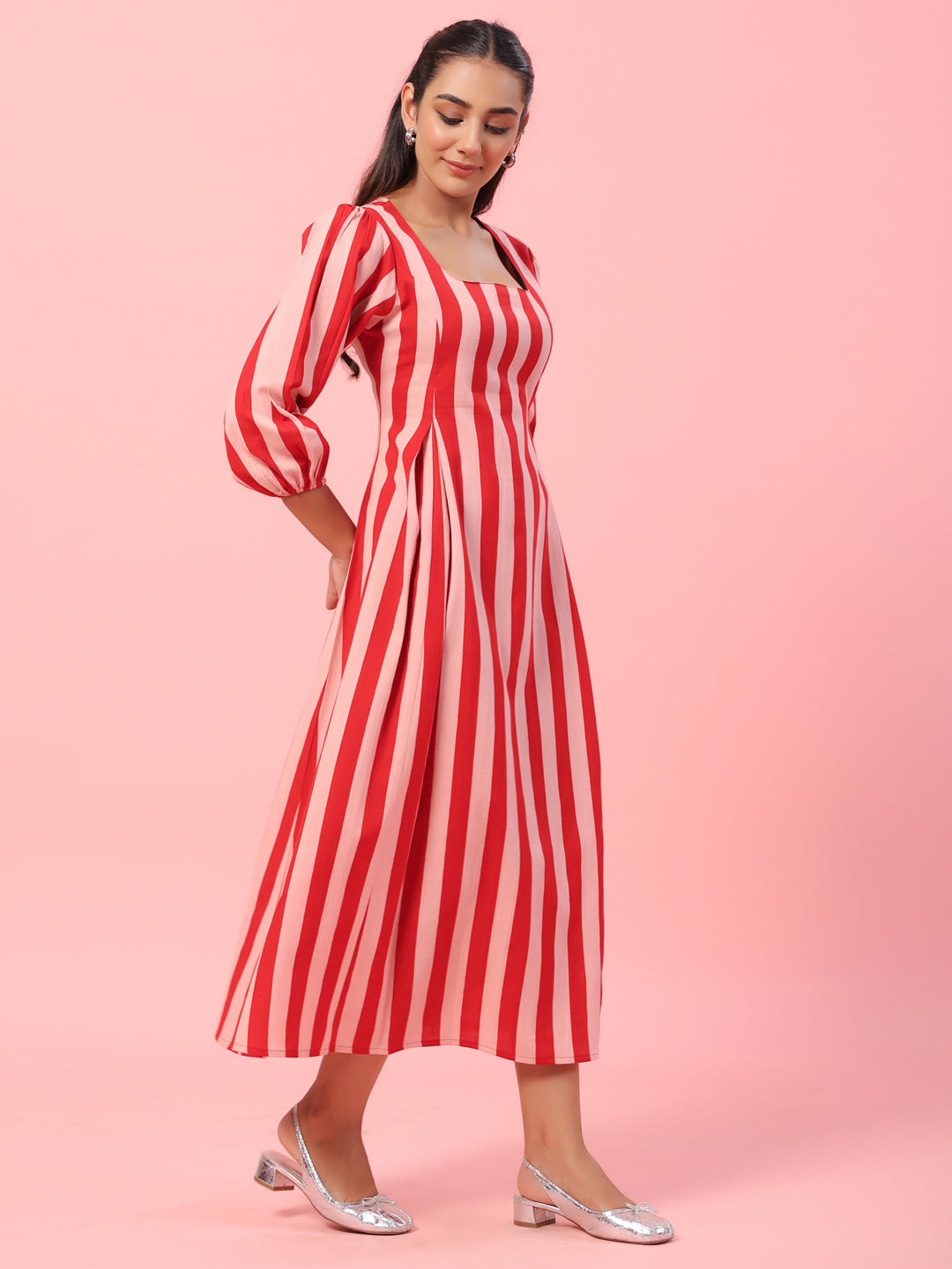 red and pink striped dress Women's The Amanda & Stripe Cotton Strapless Midi | Size: L short puff sleeves Sarah Stripe Shirt Dress-Red Large