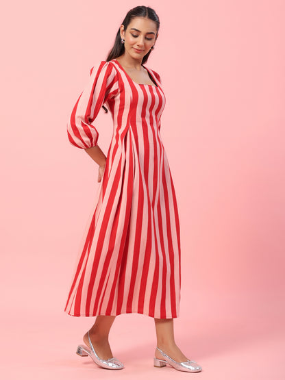 Women's Pink Striped Corset Back Midi Dress