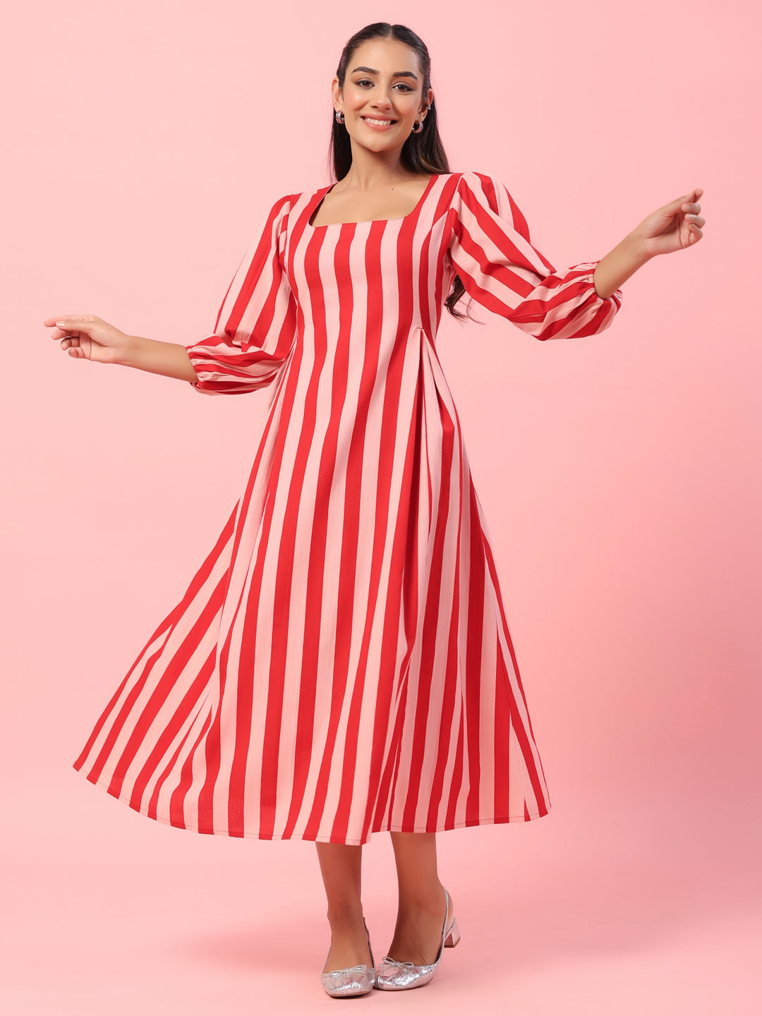 Buy Women's Pink Striped Corset Back Midi Dress Online in India