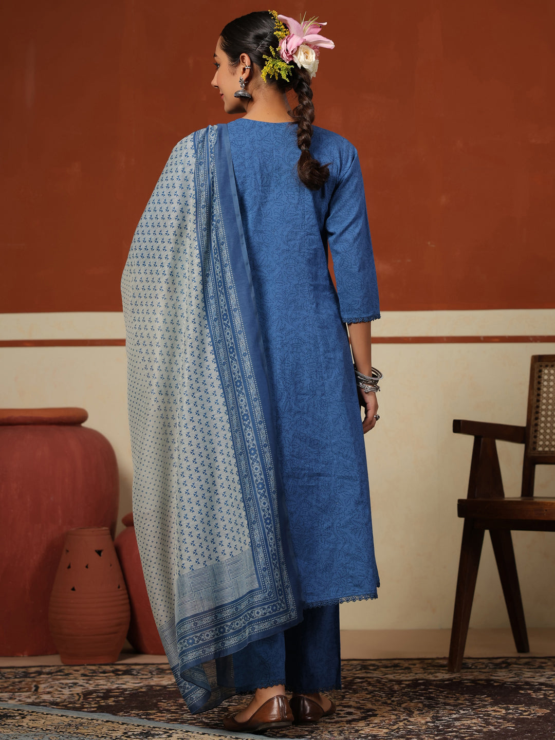 Women's Blue Cotton Kurta Set with Printed Chanderi Dupatta