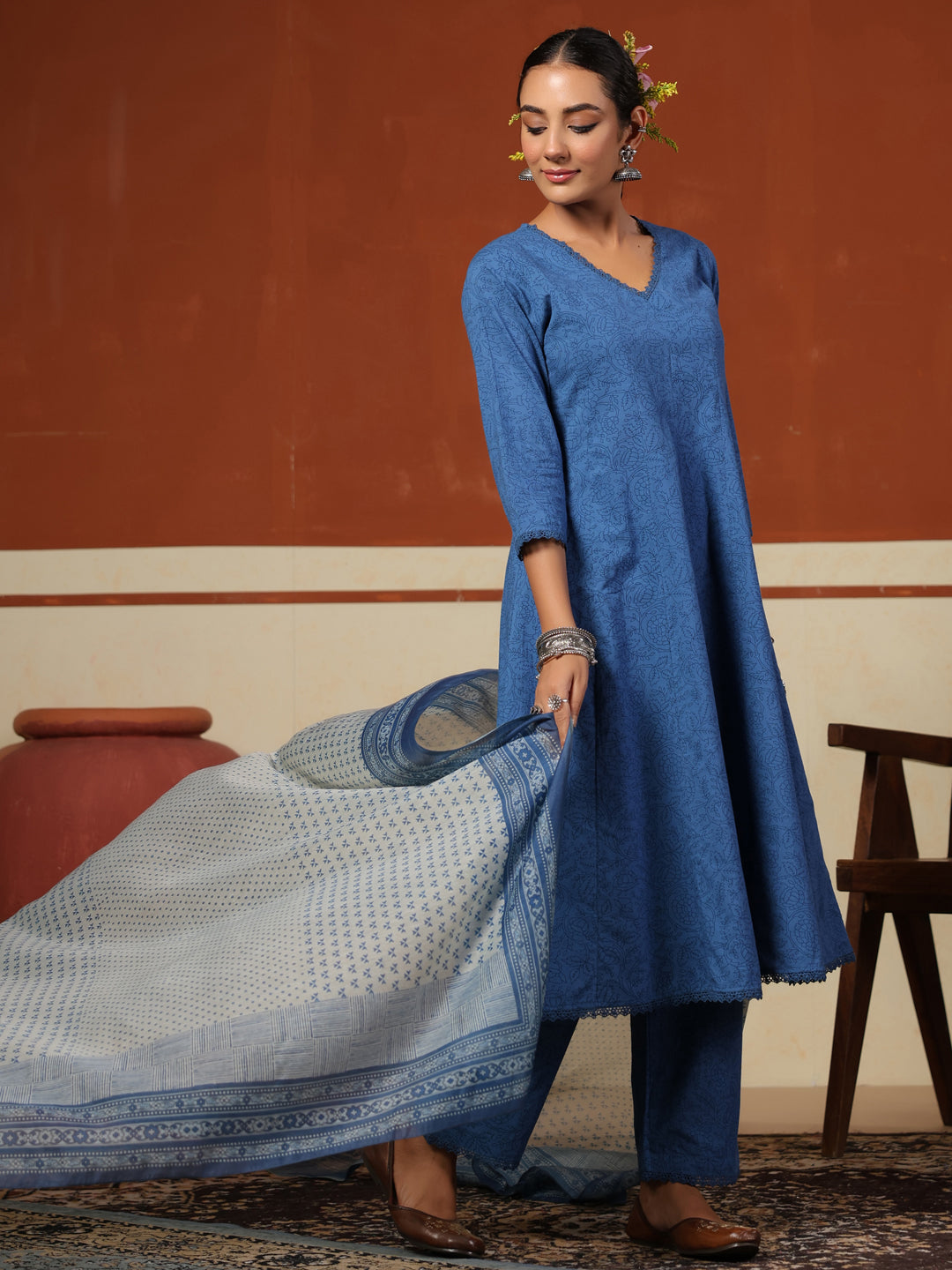 Women's Blue Cotton Kurta Set with Printed Chanderi Dupatta