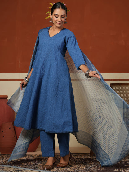 Women's Blue Cotton Kurta Set with Printed Chanderi Dupatta