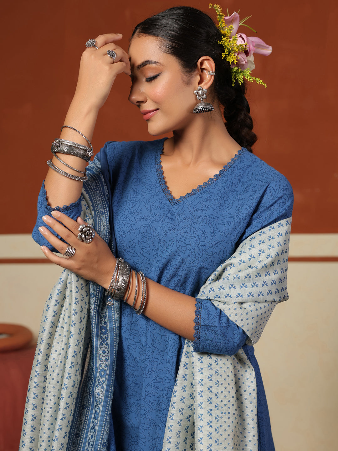 Women's Blue Cotton Kurta Set with Printed Chanderi Dupatta