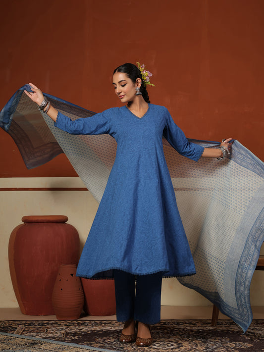 Women's Blue Cotton Kurta Set with Printed Chanderi Dupatta