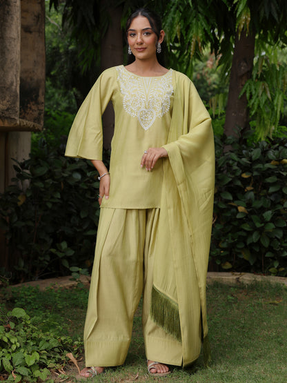 Women's Sage Green Embroidered Farshi Kurta Set with Dupatta