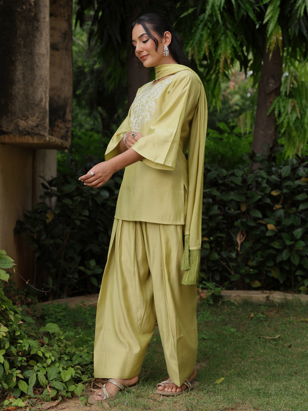 Women's Sage Green Embroidered Farshi Kurta Set with Dupatta