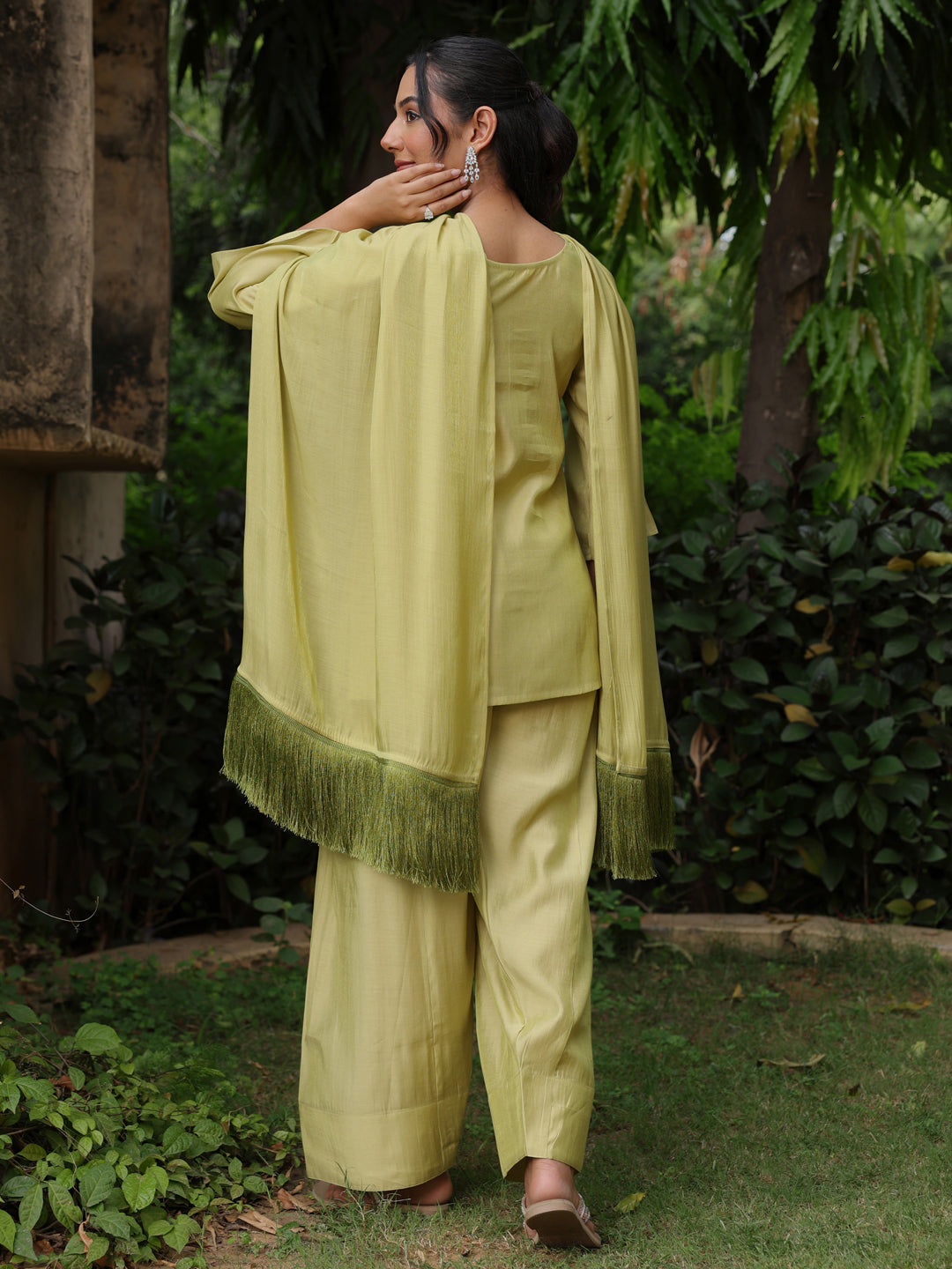 Women's Sage Green Embroidered Farshi Kurta Set with Dupatta