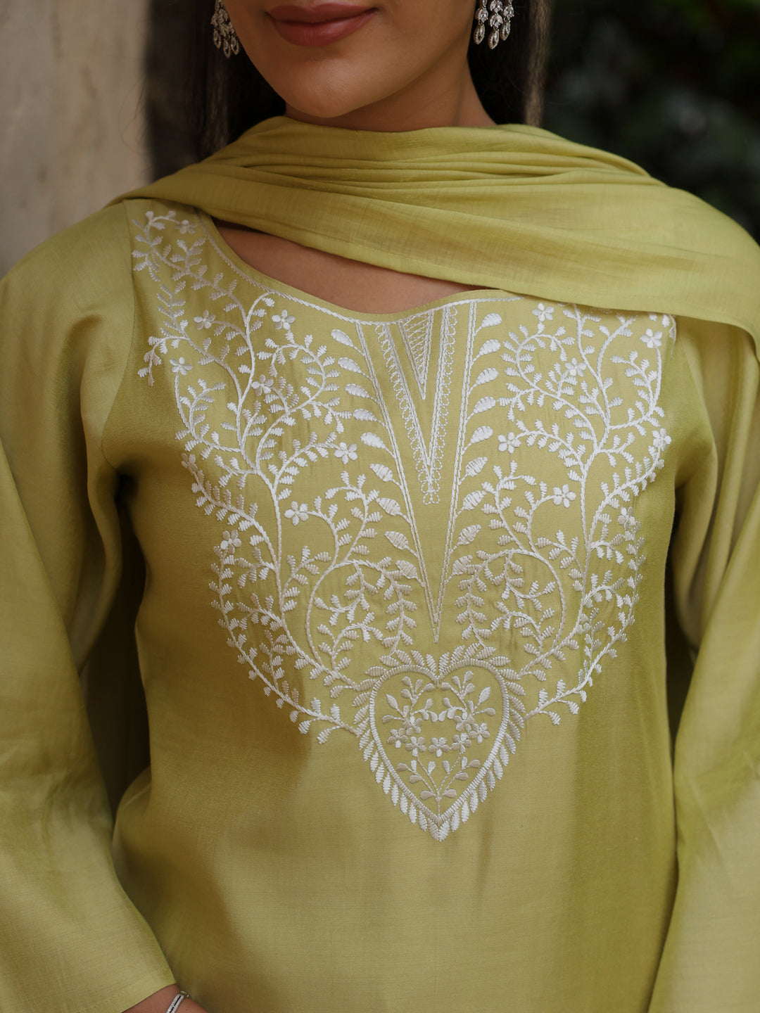 Women's Sage Green Embroidered Farshi Kurta Set with Dupatta