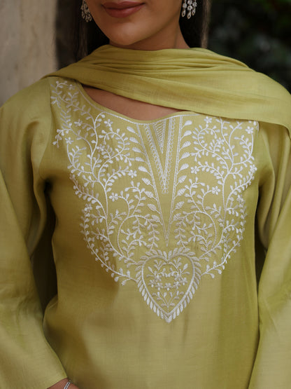 Women's Sage Green Embroidered Farshi Kurta Set with Dupatta