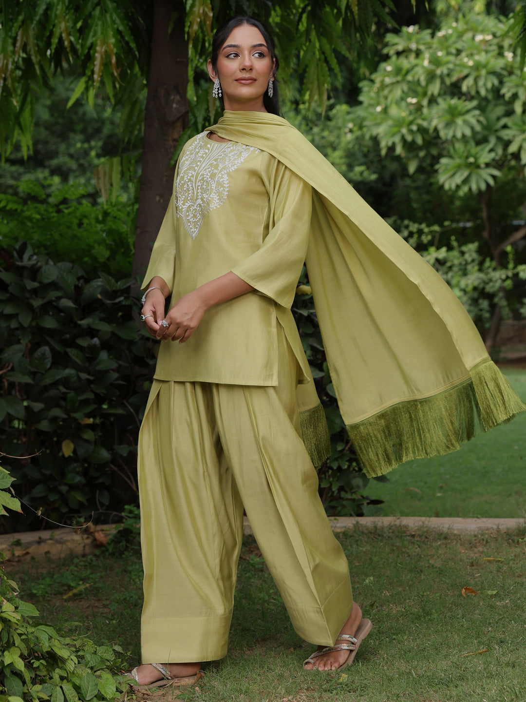 Women's Sage Green Embroidered Farshi Kurta Set with Dupatta
