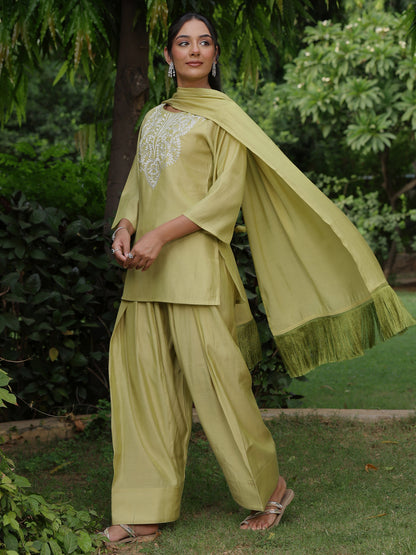 Women's Sage Green Embroidered Farshi Kurta Set with Dupatta