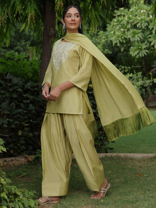 Women's Sage Green Embroidered Farshi Kurta Set with Dupatta